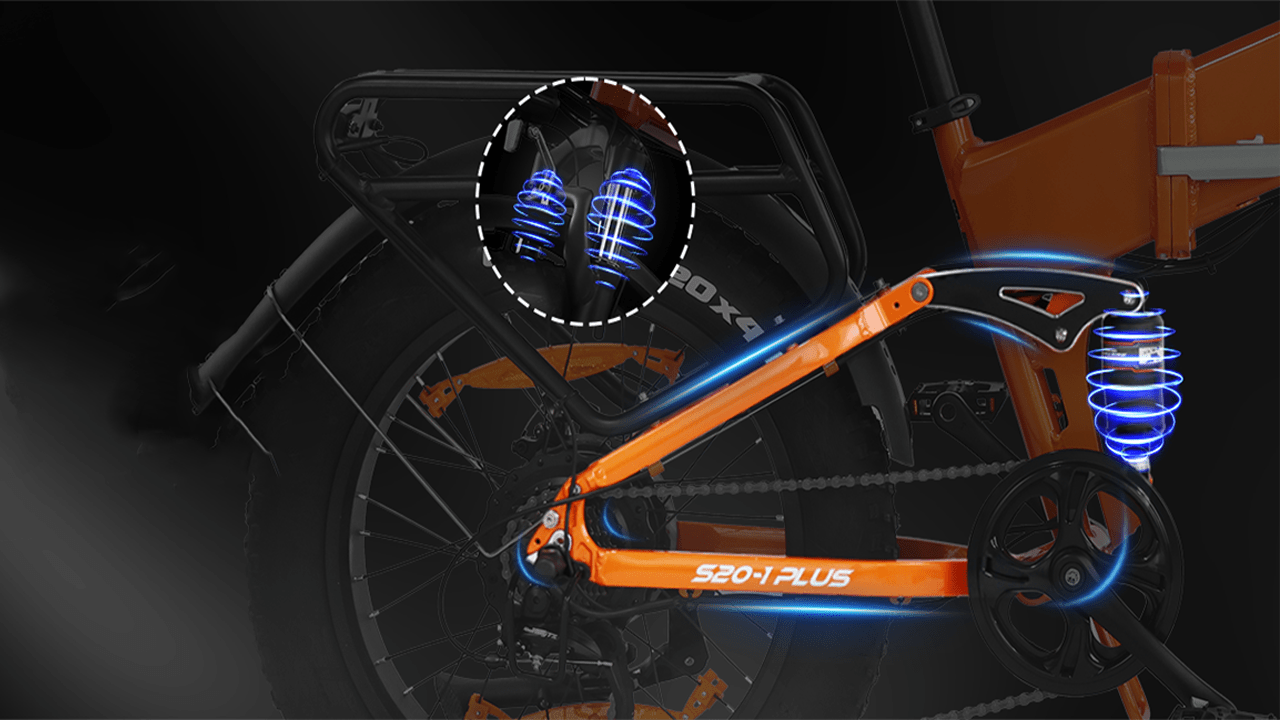 VARUN S20-1 Foldable Electric Bike(Bike to Work Scheme/Cycle to Work scheme) - Full Suspension System--Premium<br> Equipped with front and rear suspension systems with four-bar drive for better control and comfort.